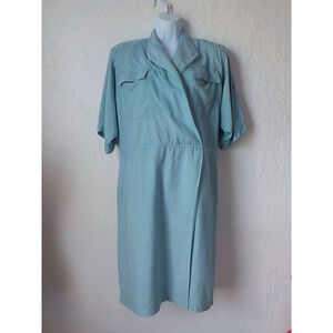 VTG 100% Silk Oleg Cassini Blue Teal Midi Dress Women 8 Faux Wrap Utility 90s
